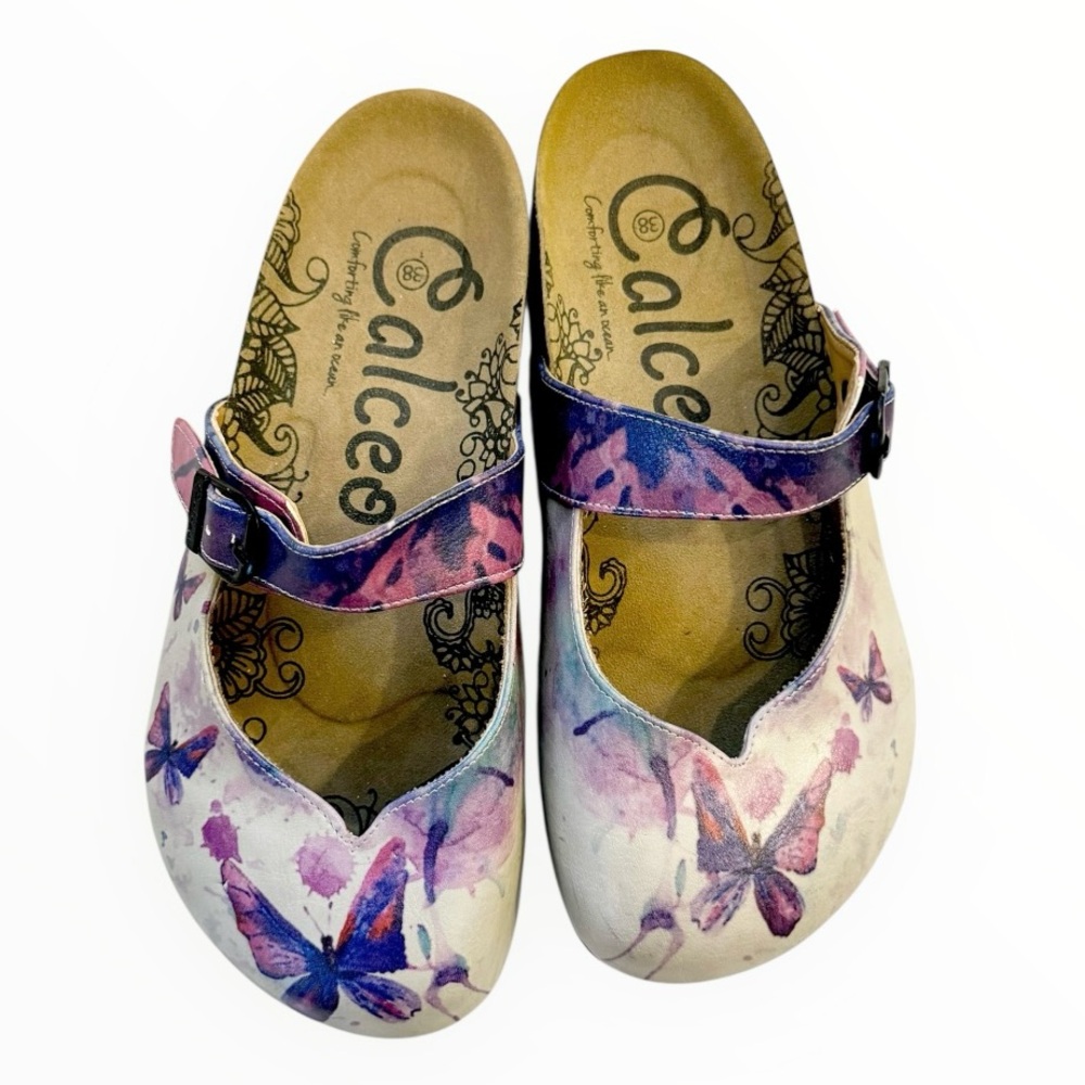 Calceo Sand and Purple Butterfly Mules Clogs Sz 38